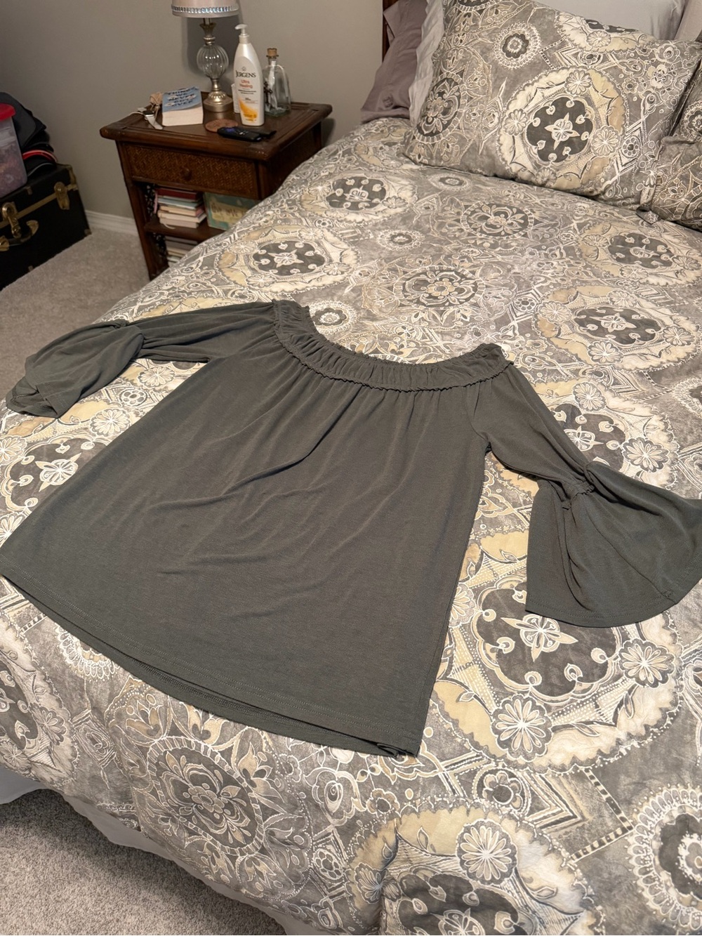 Off-Shoulder Bell Sleeve Top - Olive Green